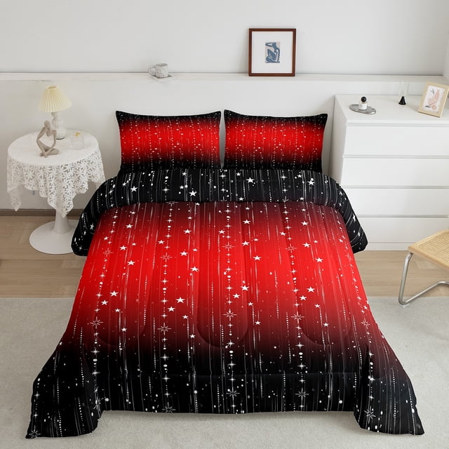 YST Red Black Gradient Comforter Set for Kids Teens,Silvery Galaxy Stars Bedding Set Full ,Geometric Abstract Down Comforter All Season,Stripes Line Art Quilt Set with 2 Pillowcases