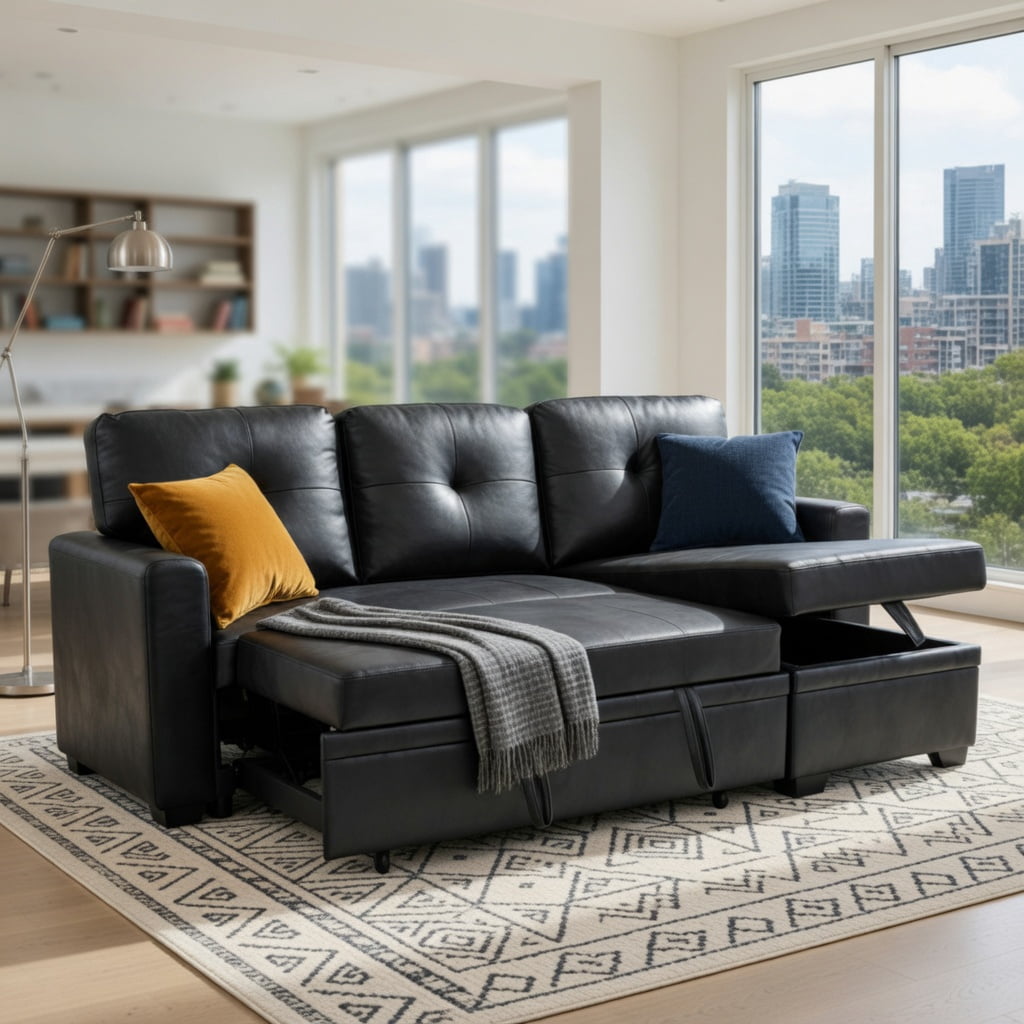 Hommoo L-Shaped Sleeper Sectional Sofa with Pull-Out Bed, Reversible Chaise & Hidden Storage, Contemporary Convertible Living Room Furniture for Small Spaces, Black