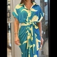 thumbnail image 3 of Vestido Camisero Fruncido con Botones para Mujer, Corta, Solapa, Cuello en V, Elegante Vestido Maxi Floral de Fiesta con Cinturón Azul XXL, 3 of 4