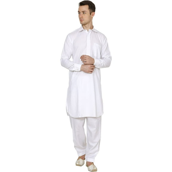 Royal Mens White Neck Thread Embroidered Classic Collar Polycotton Pathani Kurta and Salwar