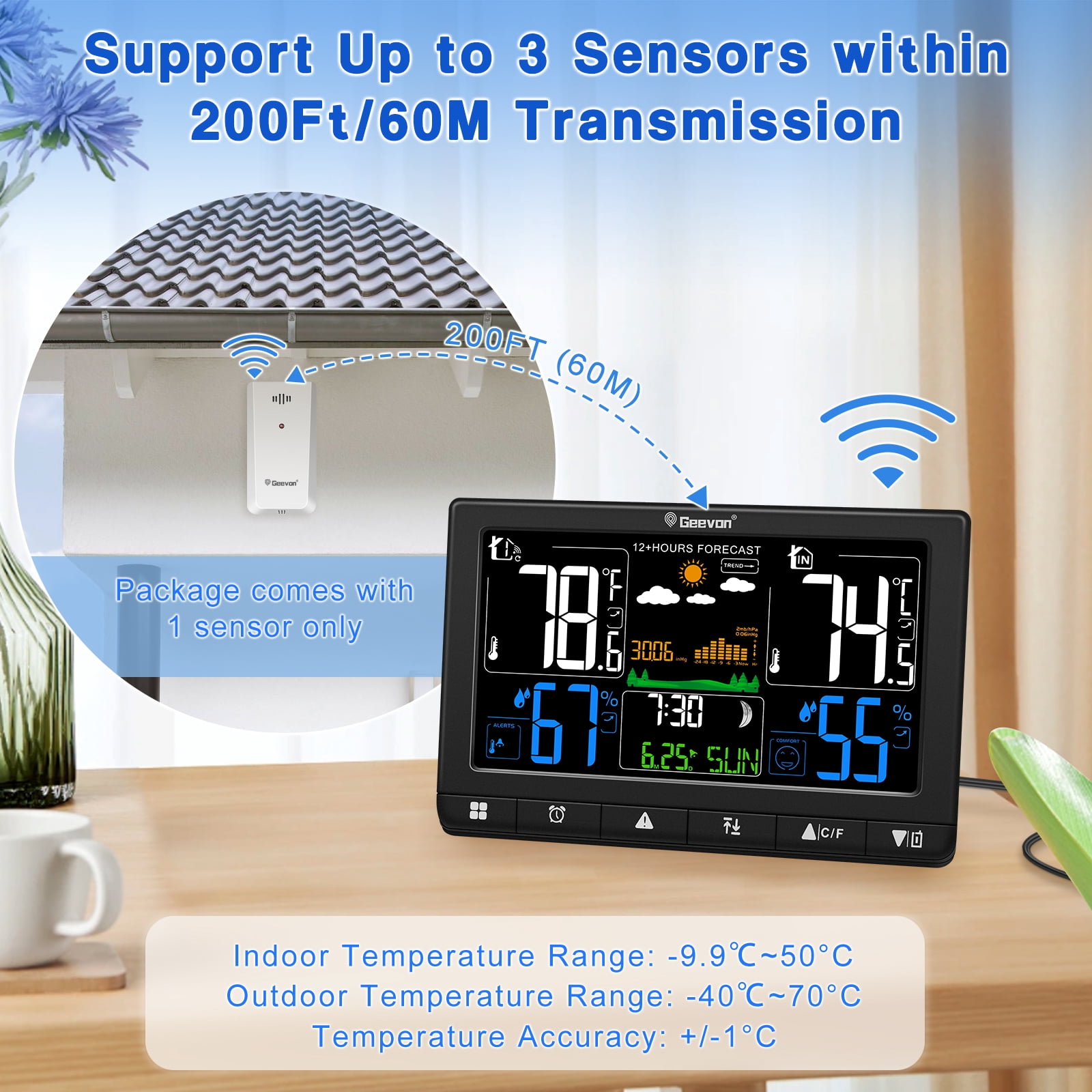 Geevon Weather Station Wireless Indoor Outdoor Thermometer, VA Color Display Digital Temperature Humidity Monitor with Barometer, Comfort Indicator, and Adjustable Backlight