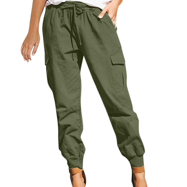 huaai capri pants for women women fashion solid color drawstring overalls  pocket trousers casual pants army green l