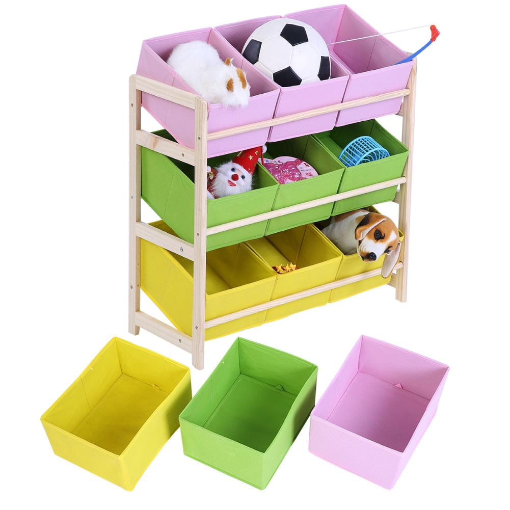 Kids Toys Storage Cube, 9 Cube 3Tier Baby Toys Wood Storage Rack Shelf