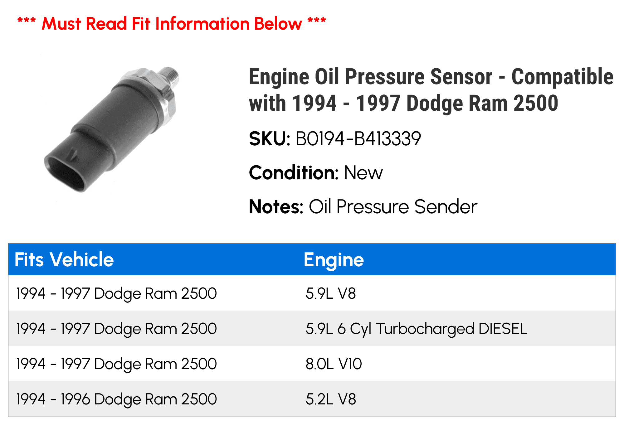 Engine Oil Pressure Sensor - Compatible with 1994 - 1997 Dodge Ram 2500 1995 1996