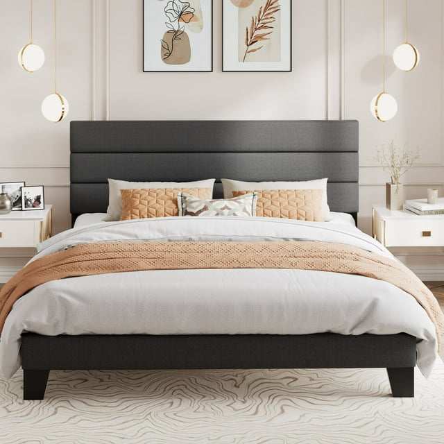 Amolife King Bed Frame, Platform Bed Frame with Fabric Upholstered Headboard in dark grey. The bed features a classic linen fabric headboard with a natural texture and breathable comfort, supported by a sturdy steel frame with wooden slats that eliminate the need for a box spring. The bed is shown in a modern bedroom setting with white nightstands, decorative pillows, and warm lighting.