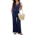thumbnail image 2 of Conjunto de 2 Piezas para Mujer, Chaleco con Cuello en V y Cintura Anudada, Pantalones Casuales de Pierna , Azul Marino, Talla M, 2 of 9