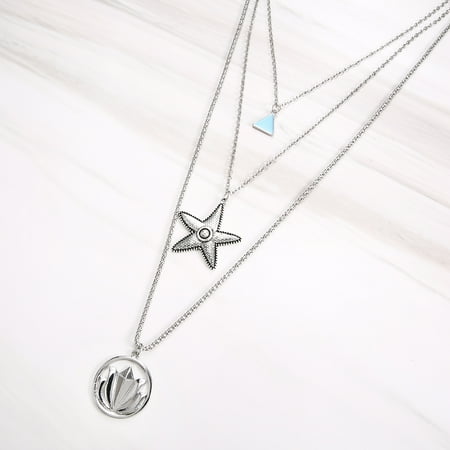 Multilayer Necklace for Women Lotus Starfish Star Shape Pendant Necklace Gift Silver