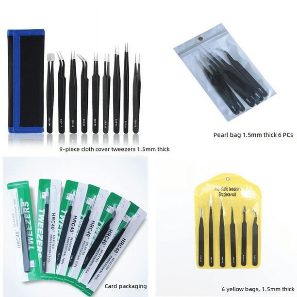 Juego de pinzas de tela de 9 piezas, juego de pinzas antimagnéticas de acero inoxidable duro, electrónicas, rectas, puntiagudas, redondas, planas, codos, electrostáticos, gadgets de bricolaje