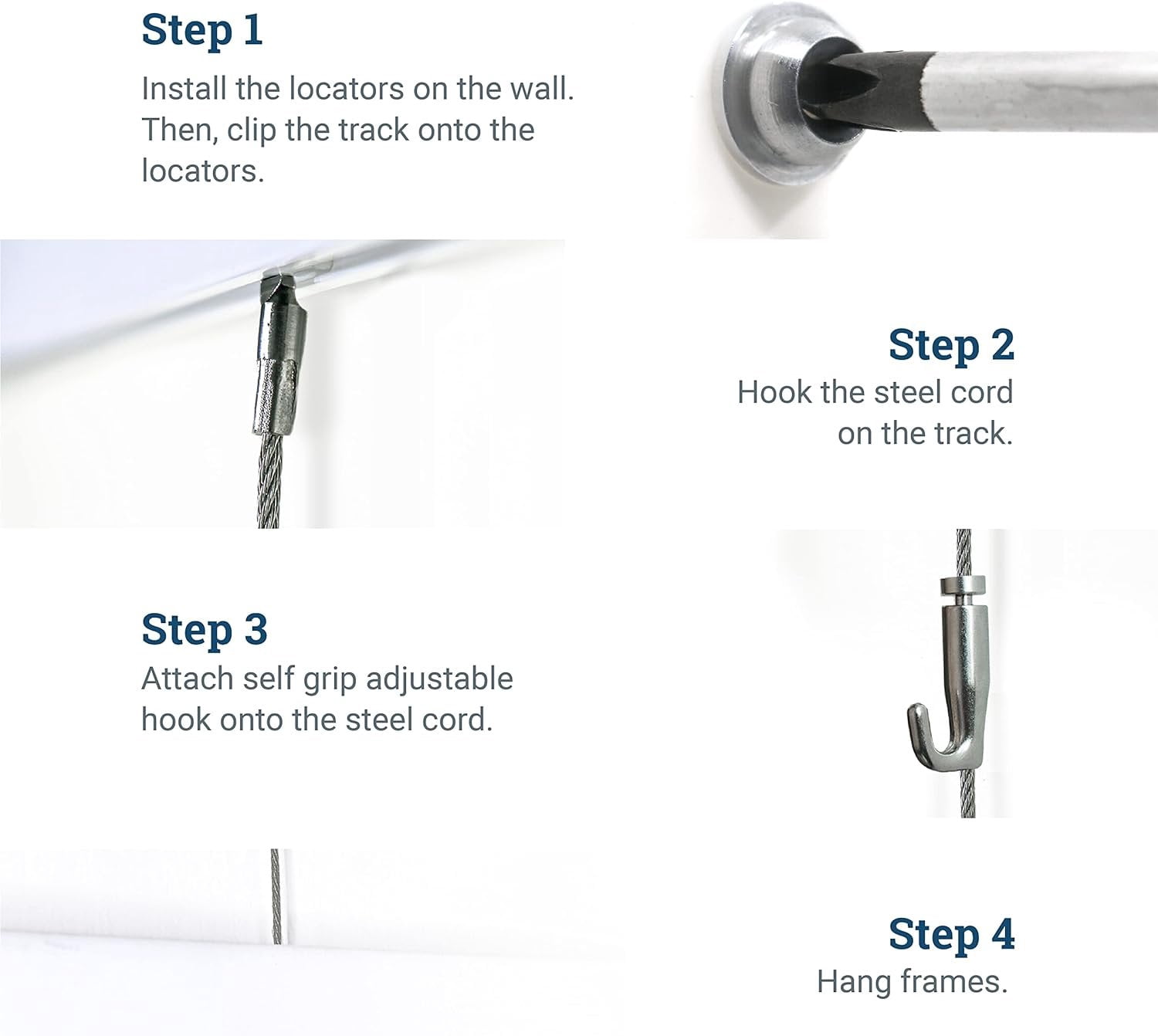 Picture Hang Solutions - Track 100 Picture Rail Kit - Includes 79-inch Wall Track, Steel Cords, Adjustable Hooks, and Hardware - Gallery Hanging Systems (1 set per pack)