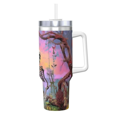 

Goofa Sky Sunflower Skull Print 40oz Ice Bully With Handle And Straw Stainless Steel Vacuum Insulated Cup And 2 In 1 Straw Lid