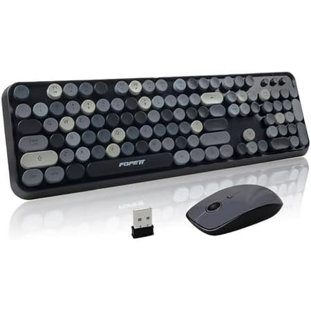 Wireless Keyboard and Mouse Combo – 2.4G Full-Sized Cute Colorful Retro Keyboard with Round Keycaps 104 Keys Typewriter Keyboard for Laptop/Windows/PC – Grey Colorful