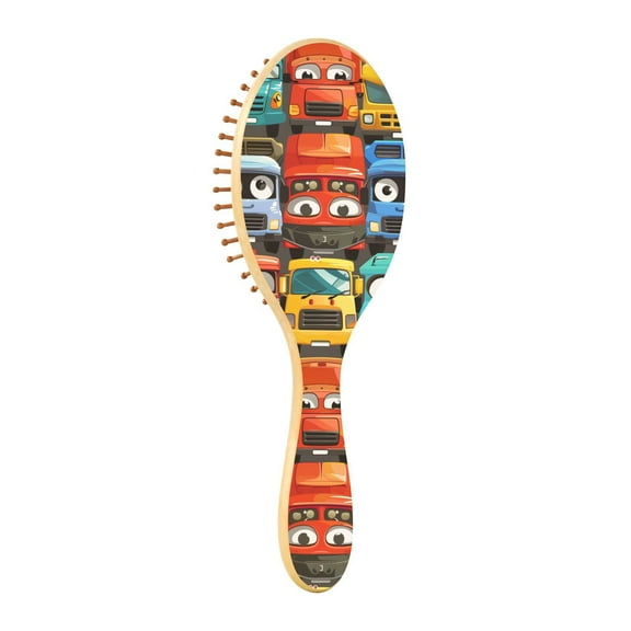 JSTEL Colorful Cartoon Trucks Hair Brush for Women Men Natural Wood Detangler Brushes for All Hair Types Hairbrush for Wet & Dry