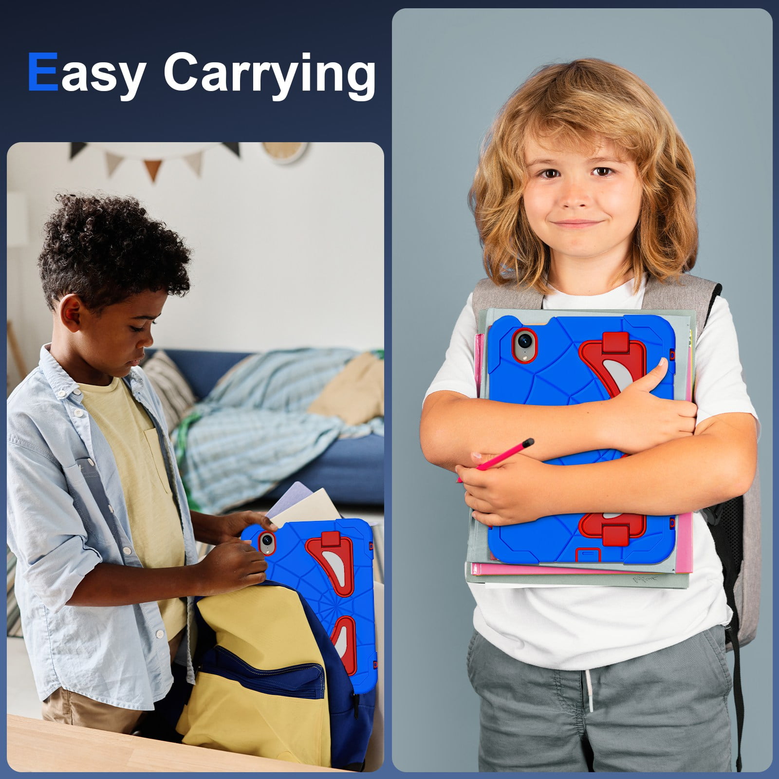 ELEHOLD Kids Friendly Case For iPad Air 11-inch M3 (2025) / M2 (2024), Heavy Duty Shockproof Rugged Protective Case with Pencil Holder Foldable Kickstand for Boys Children Case, Blue+Red