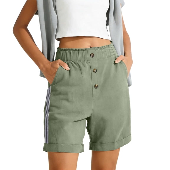 100% Cotton Shorts for Women Button Wide Elastic Waist Pockets Pleats Baggy Multicolored Plus Size Gym Shorts for Basketball Running Biker S-2XL