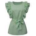 thumbnail image 7 of Summer Saving Wycnly Womens Shirts Casual Solid Ruffle Sleeve Tunic Tee Tops with Belt Summer Short Sleeve Crewneck Ladies Plain Tops and Blouses Green s, 7 of 7