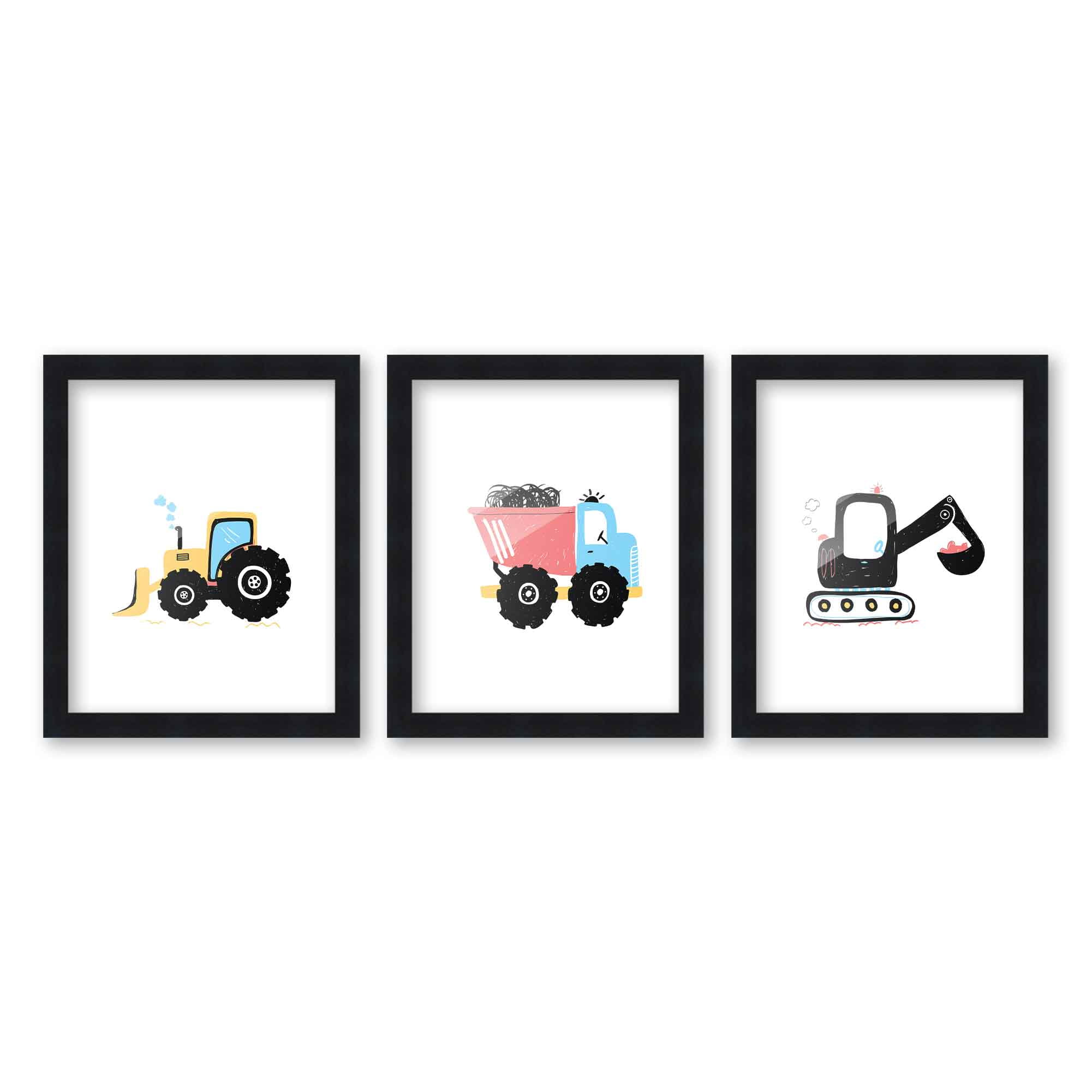 8x10 Framed Nursery Wall Art Set of 3 Hand Drawn Construction Prints in