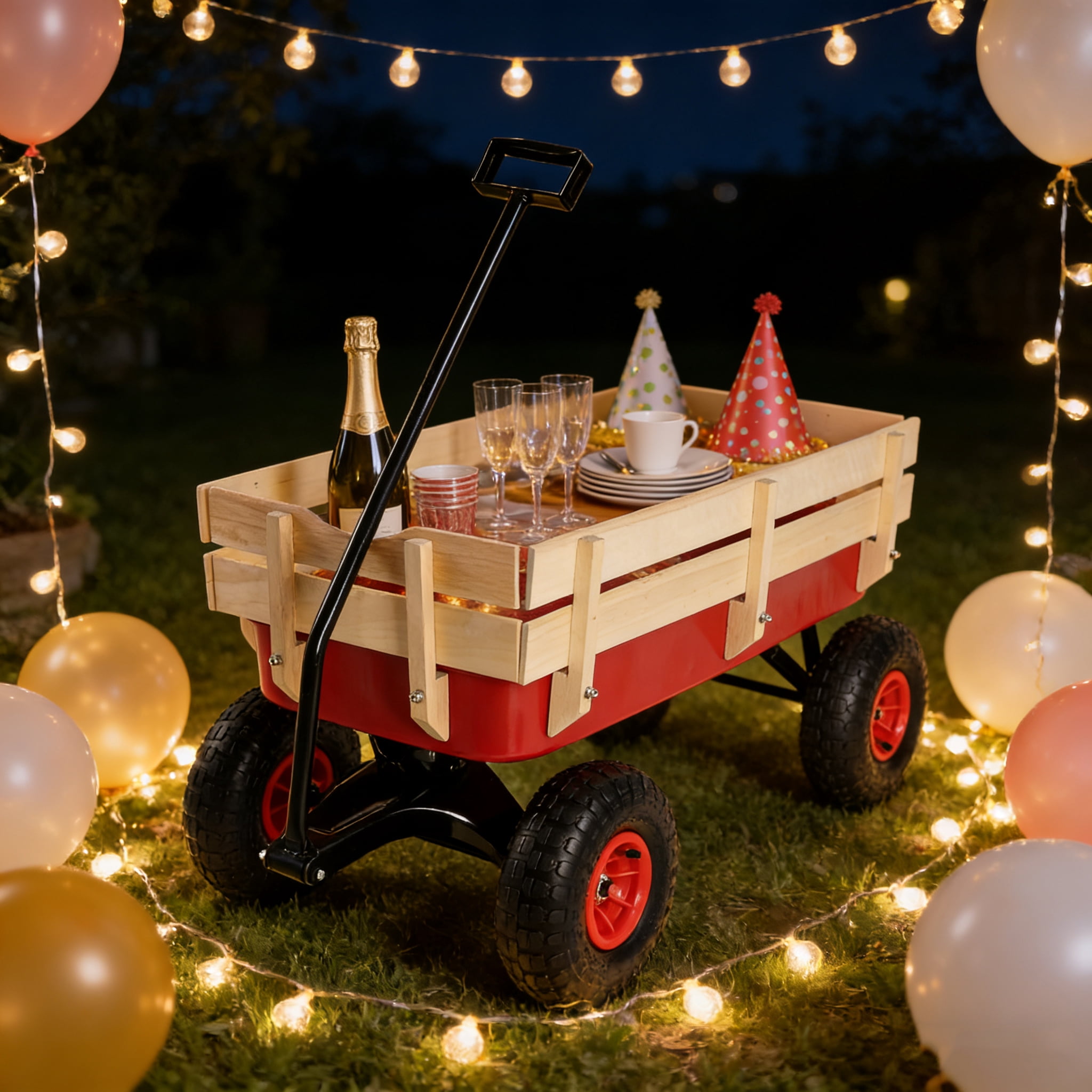 Outdoor Sport Wagon Tools Cart Wooden Side Panels 10 Inch Air Tires Heavy Duty Utility Cart 176LBS Capacity for Garden Camping Beach