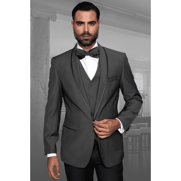 Men's Statement Suits Charcoal Grey Vested Shawl Tuxedo Size 38 Short