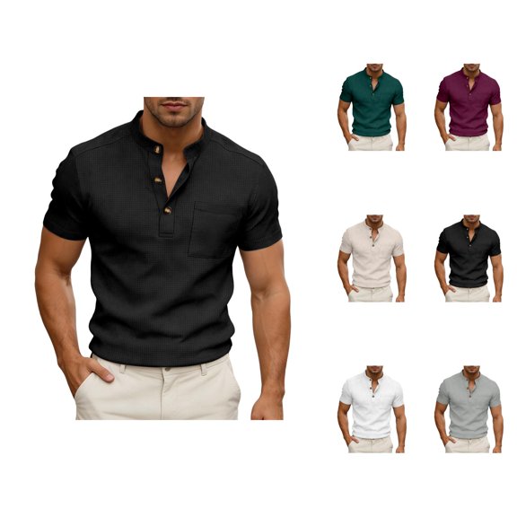 Henley Shirts for Men 2026 Summer Short Sleeve Casual Loose Waffle Plain Tshirts Polo Shirt with Chest Pocket
