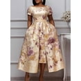 thumbnail image 2 of Women's Champagne Floral Jacquard Midi Dress Off Shoulder Short Sleeve High Low Pockets Formal Dress, 2 of 2