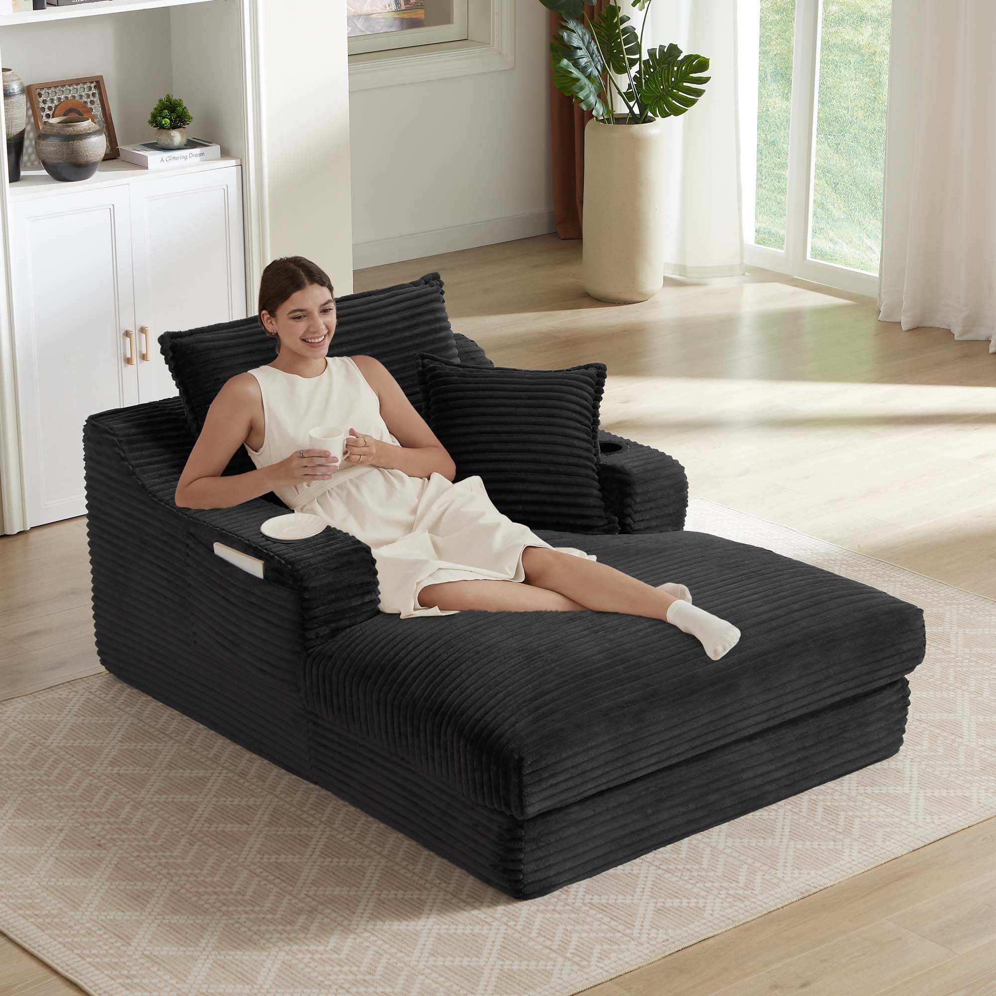 Miniyam 47 in Modern Chaises with Cushion, Black Compression Sofa Lounge Chair for Living Room, Bedroom, Apartment