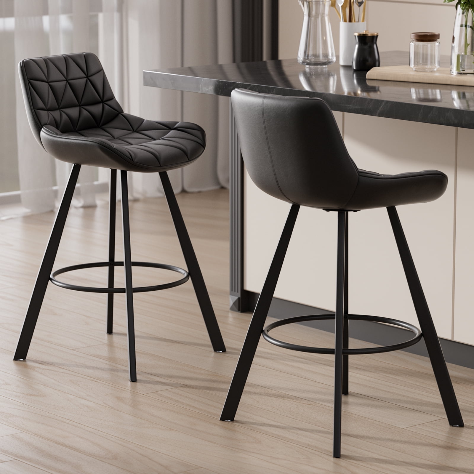 Genpo Bar Stools Set of 3, 26" Kitchen Counter Height Bar Stools with Back Metal Legs and Footrest, Black Leather Barstools for Kitchen Island
