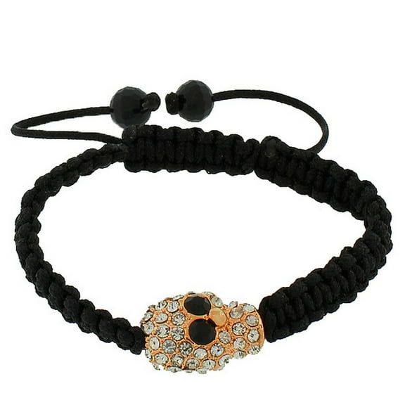 Fashion Alloy Rose Gold-Tone Black White CZ Skull Beaded Adjustable Macrame Bracelet