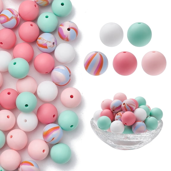 50Pcs 5 Styles Round Silicone Beads Silicone Teething Beads Mixed Color 15mm 10pcs/style