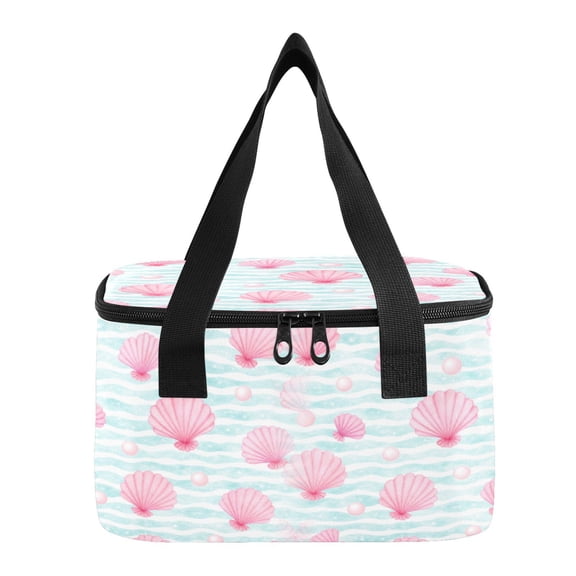 6L Insulated Lunch Bag Square Handheld Cooler Tote Pink Seashell Wave Pattern Reusable Thermal Bag with Polyester & Aluminum Lining for Work Picnic Travel
