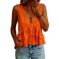 thumbnail image 2 of Women Sleeveless Ruffle Tank Tops Cotton Linen Pleated Peplum Vest Top Flowy Cropped Shirt Cute Summer Clothes,Saffron 3XL, 2 of 6