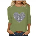 thumbnail image 2 of Fall Saving 2025 QUINDOS Womens Graphic T Shirts 3/4 Sleeve Sequin Womens Tops Crew Neck Casual Green Classic Fit Heart Tops, 2 of 3