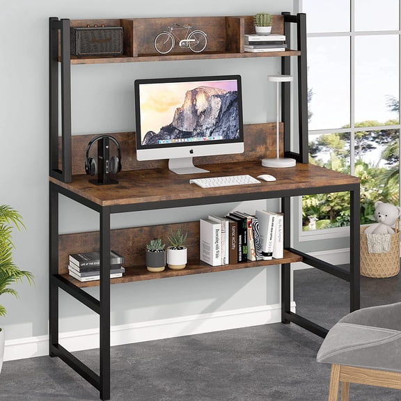 ZALIX Computer Desk with Hutch, Wooden Small 42-inch Desk, Industrial Simple Office Desk with Storage Space for Home Office