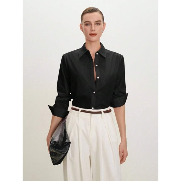 Women's Fitted Button Down Shirt with Turn-Down Collar and Long Sleeves for Office Wear