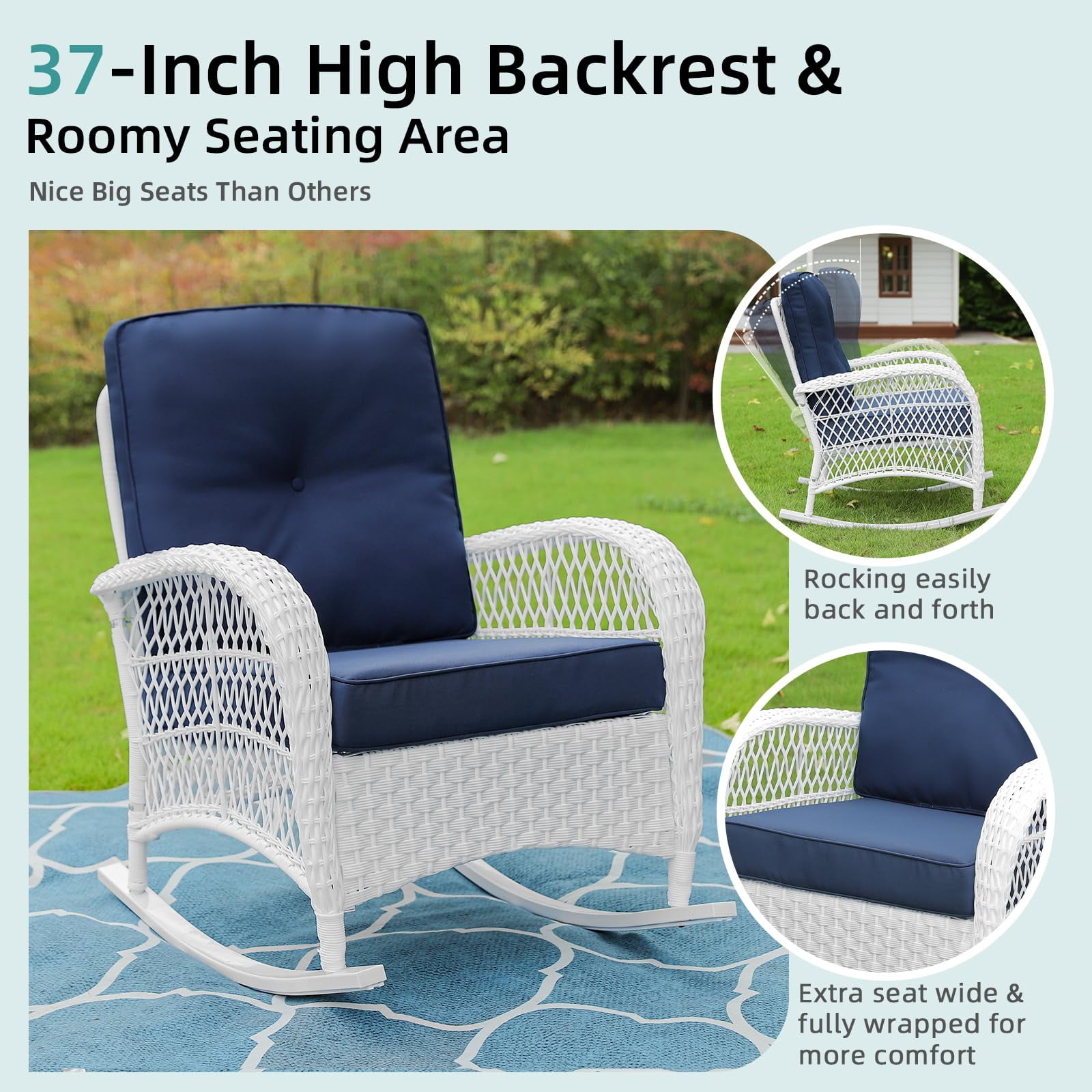 MEETWARM 3 Pieces Patio Conversation Set, Rattan Outdoor Rocking Patio Bistro Set with 2 Rockers and 1 Side Table with 4" Thick Cushions, Outdoor Furniture Set for Porch Backyard, White Wicker/Navy