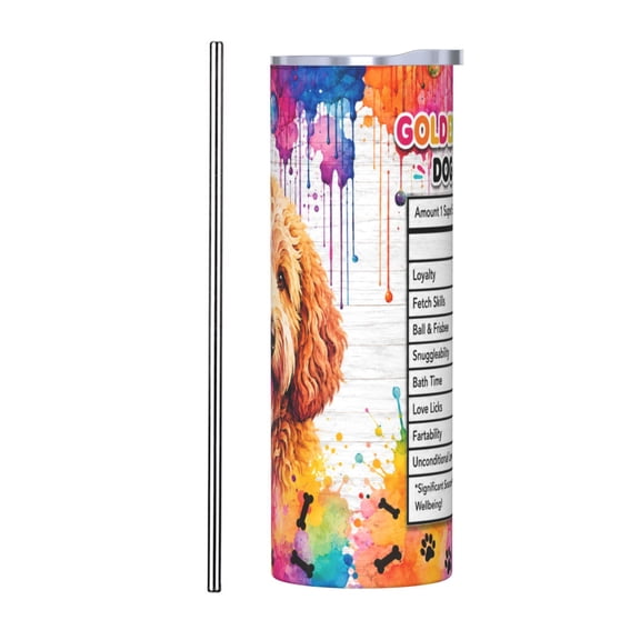 20oz Goldendoodle Dog Facts Insulated Tumbler with Handle and Straw Colorful Travel Cup Gift for Dog Lovers with Stainless Steel Straw