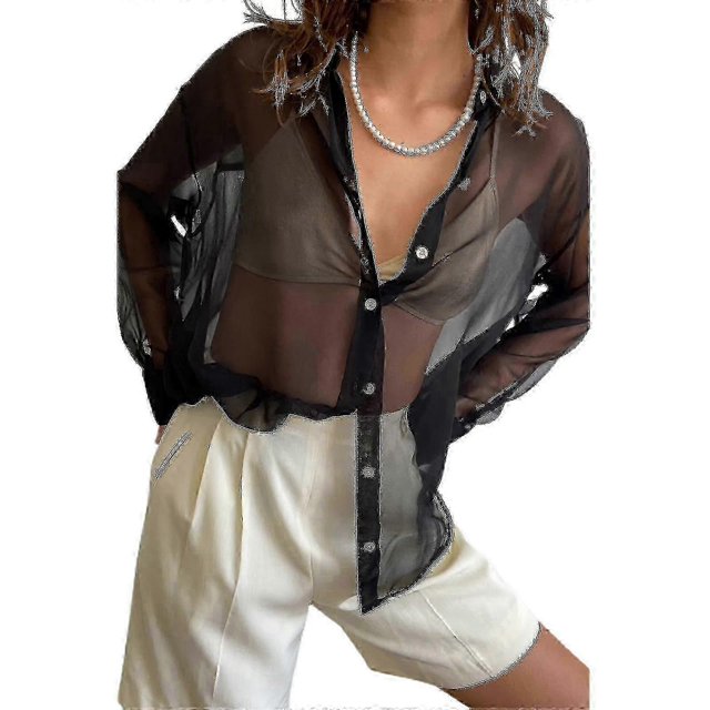 Camisa holgada transparente para mujer, blusa informal de manga larga con cuello de solapa y botones.