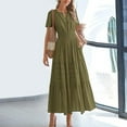 thumbnail image 3 of ZEHJUHAN Women's Solid Color V-Neck Short Sleeve Maxi Dress with Elastic Waist A-Line Ruffle Hem Summer Casual Dress Army Green，S, 3 of 6