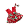 thumbnail image 2 of nvzhuang Baby Watermelon Print Clothes Set, Girls Sleeveless Deep V-neck Short Jumpsuit + Bow-knot Headband, 2 of 6