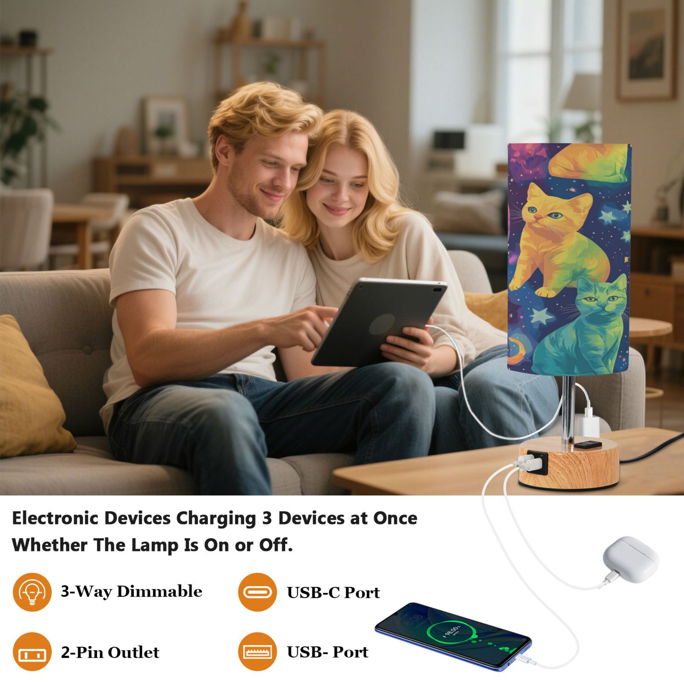 Touch-Control 3-Color Desk Lamp with Plug – Energy-Saving LED + 3 Simultaneous Charging Ports Cats in The Stars