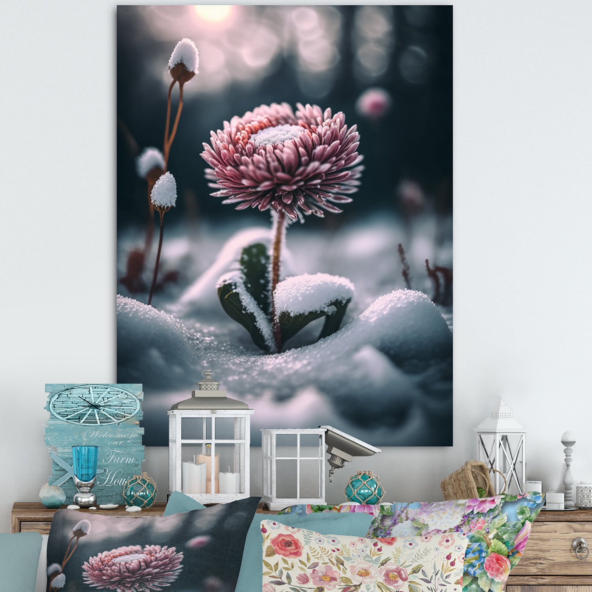 Designart A Blooming Pink Daisy Flower In Winter III Canvas Wall Art