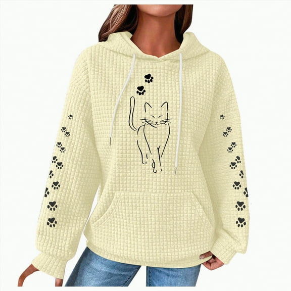 Kaprioy Womens Waffle Knit Cute Cat Graphic Hoodies Drawstring Pullover Sweatshirts Casual Hoodie Fall Fashion Clothing Light Yellow, XXL