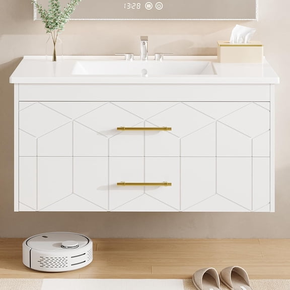 36" Bathroom Vanity with Sink, Floating Bathroom Vanity with Ceramic Basin, 2 Large Storage Drawers with Gold Metal Handle, Modern Wall Mounted Bathroom Cabinet with Sink, White
