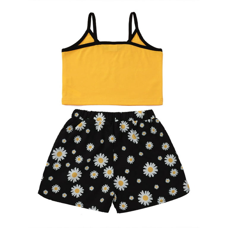 Canrulo Toddler Baby Girls 2Pcs Set Ruffle Vest Crop Tops + Belted  Sunflower Print Shorts Sets Casual Summer Outfits Yellow 9-10 Years