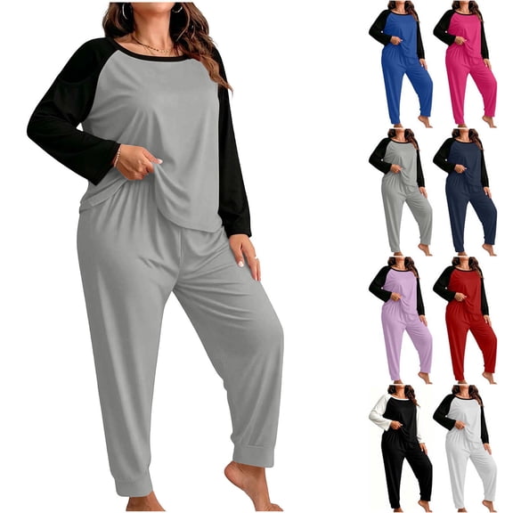 Hzzrkos Women Casual Loose Solid Color Crew Neck Raglan Long Sleeve Loungewear Pajama Set With Jogger Pants For Indoor Daily Wear Gray XXXXXL