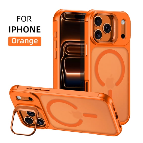 Magnetic For iPhone Air Phone Case,Compatible with Mag-Safe,With Contractile Lens Ring Kickstand,Ultra Slim Shokcproof Anti-fall Matte Anti-fingerprint Back,Durable Phone Case,Orange