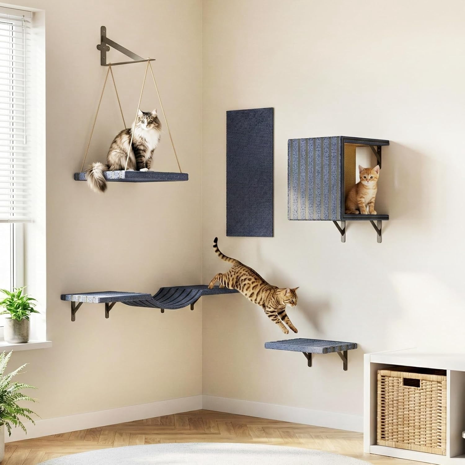 5-in-1 Cat Wall Shelves Set, Premium Solid Wood for Stable & Safe, Space Saving Wall Mounted Cat Perch & Steps for Indoor Cats, Modern Wood Cat Walkway, with Interactive Cat Swing
