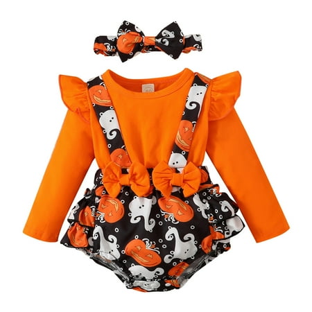 

EnJoCho Girls Halloween Ruffles Long Sleeve Cartoon Prints Romper Bowknot Bodysuits Headbands Outfits Halloween Party Role Play Outfits Holiday Gifts for Toddler Boy Girl Clothing
