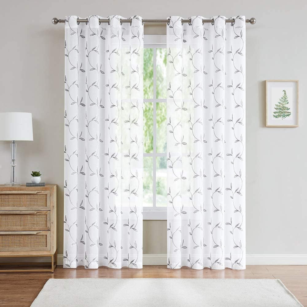 Warm Home Designs Pair of Short Length 54" x 63" Sheer White Curtains with Gray Charcoal Leaf Embroidery. M Charcoal 63
