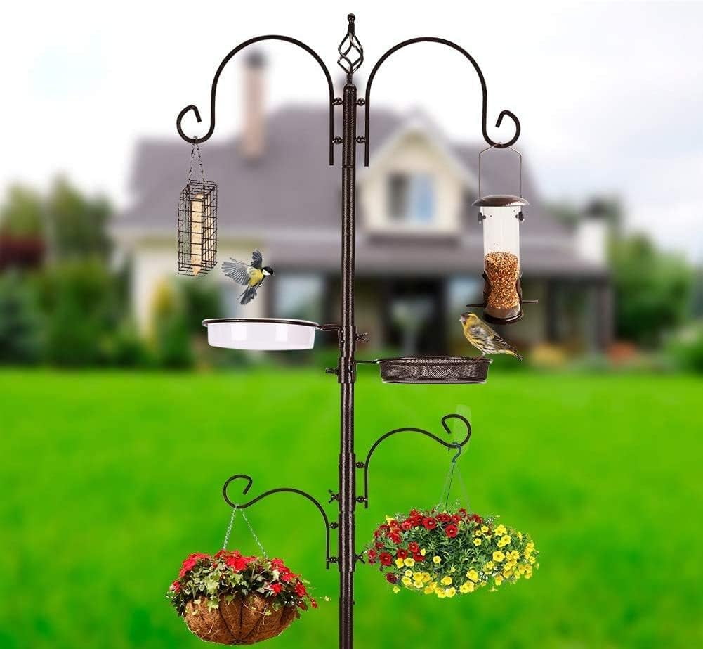 Bird Feeder Station with Suet Cage & Water Bowl Fruit Hook- Adjustable Pole, 6 Hanging Hooks for Wild Birds, Outdoor Garden Bird Feeding Kit