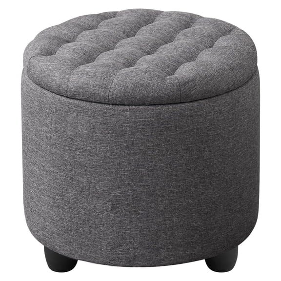 Round Storage Ottoman with Cover Lid, Tufted Round Ottoman with Storage Linen Fabric Ottomans for Living Room Bedroom Dorm (Dark Gray)